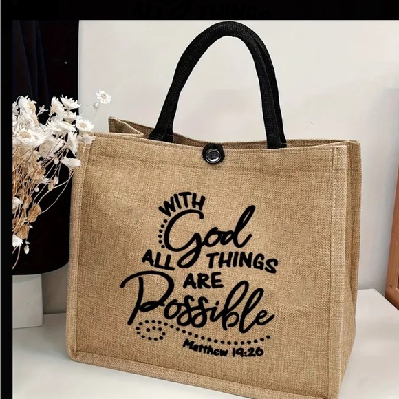Handbags - Inspirational Jute Tote Bag with Black Handles